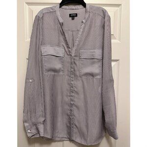 Jones New York Purple and White Stripe Roll Tab Sleeve Blouse, Size L